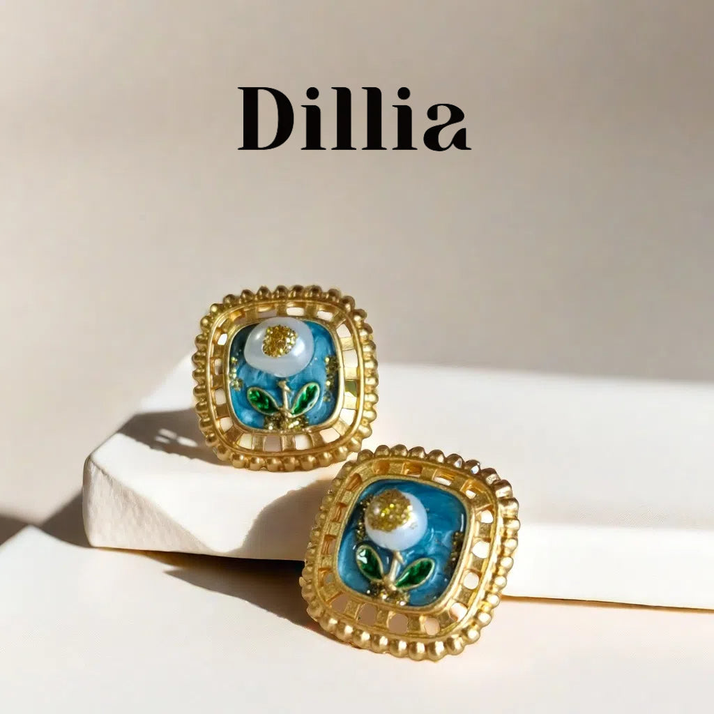 Enamel Flower and Golden Square Earrings