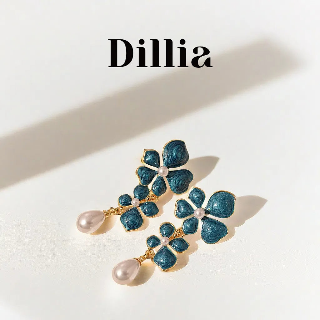 Elegant Blue Floral Pearls Drop Earrings