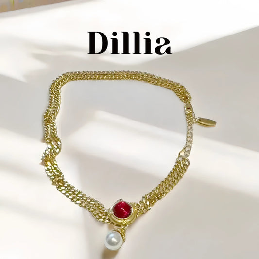 Red Glaze Stone Pearl Pendant Gold Chain Necklace
