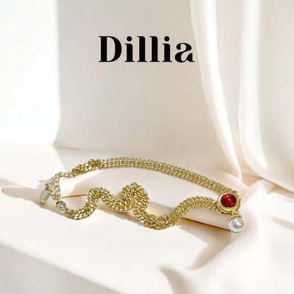 Red Glaze Stone Pearl Pendant Gold Chain Necklace