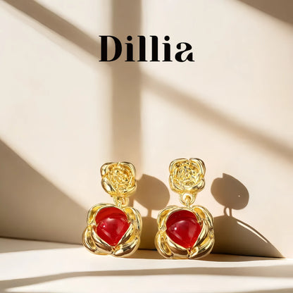 Red Glaze Stone Rosebud Gold Plated Earrings