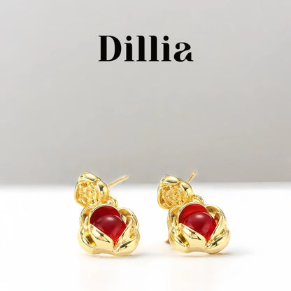 Red Glaze Stone Rosebud Gold Plated Earrings