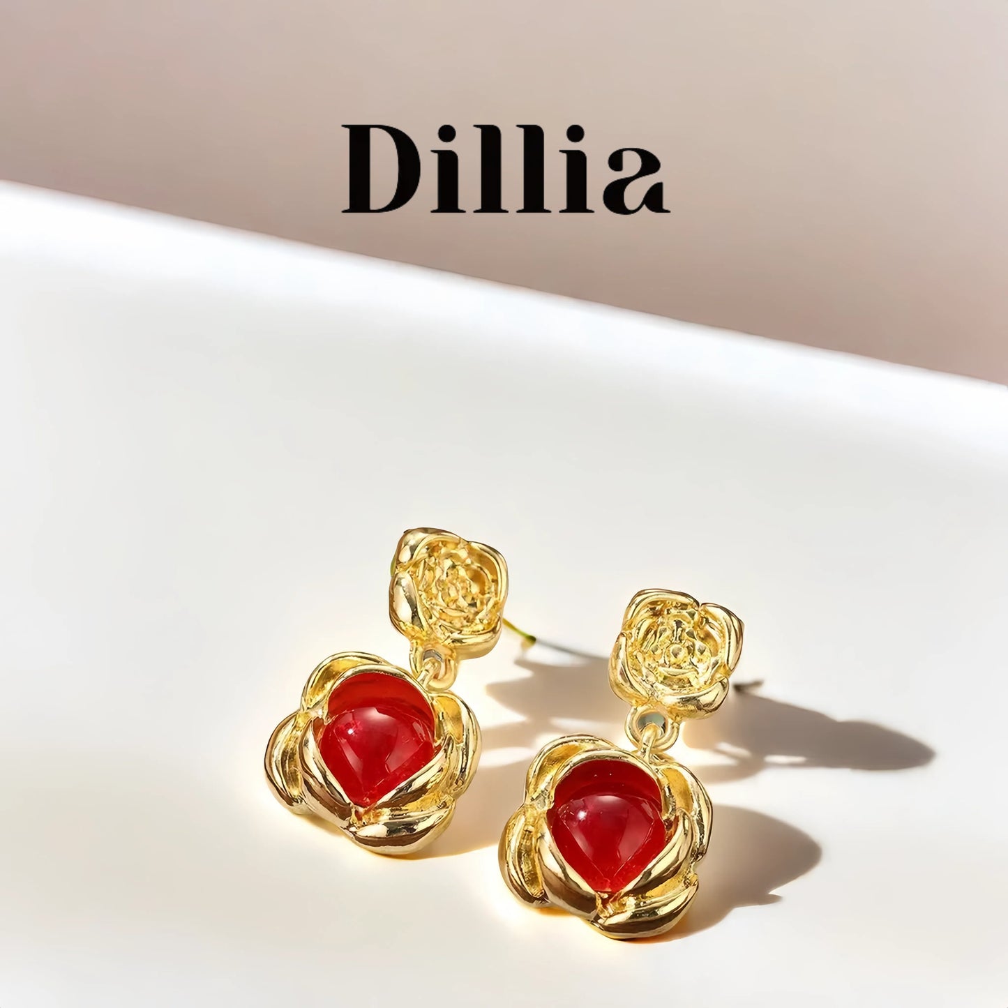 Red Glaze Stone Rosebud Gold Plated Earrings
