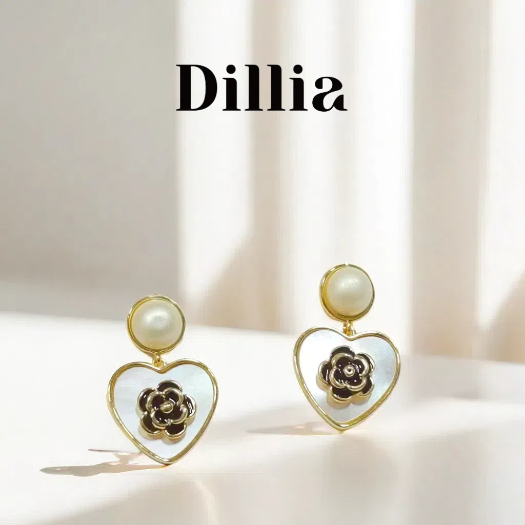 Elegant Pearl Rose Detail Heart Drop Earrings