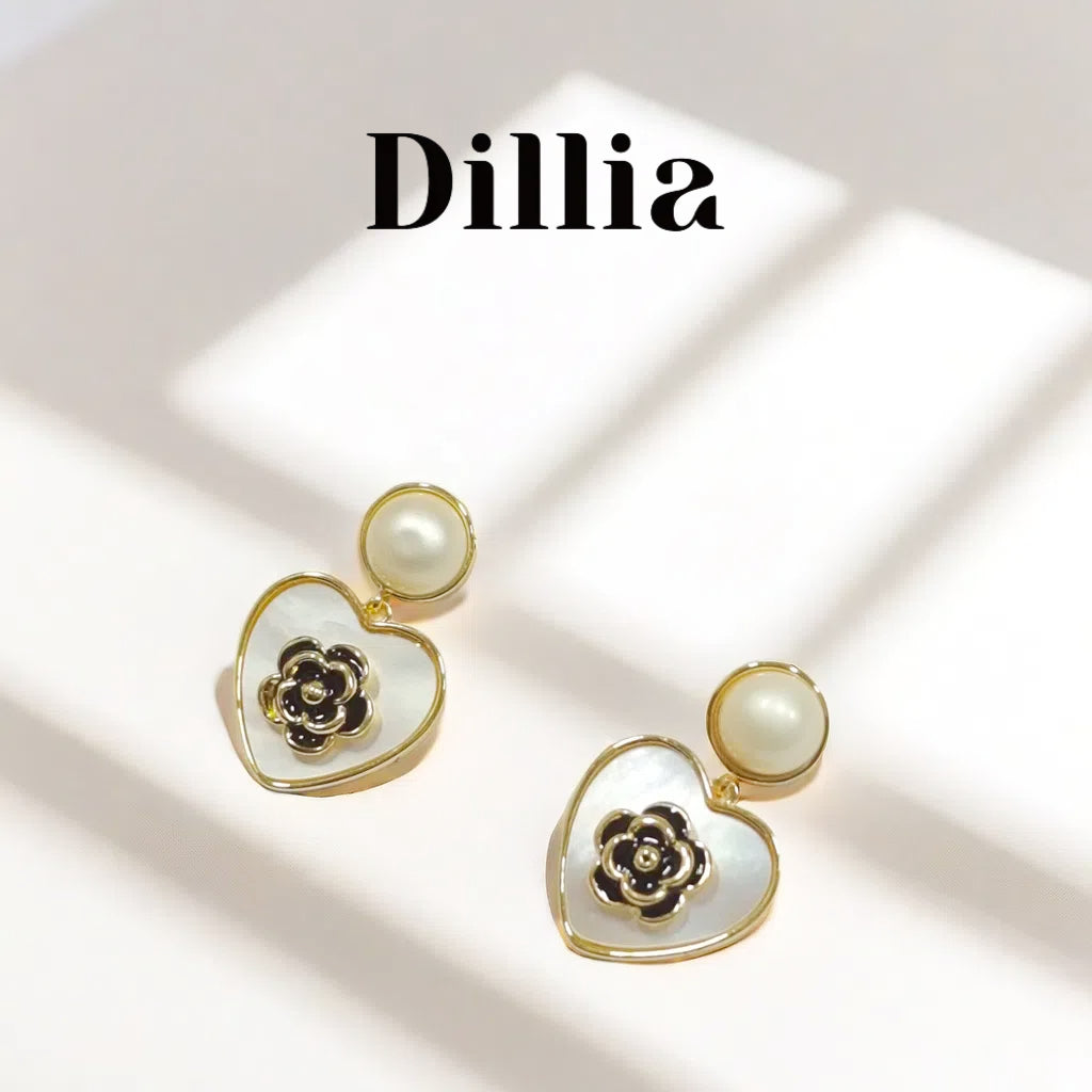 Elegant Pearl Rose Detail Heart Drop Earrings