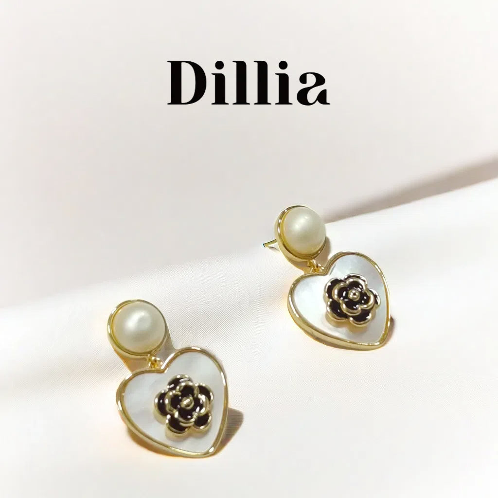 Elegant Pearl Rose Detail Heart Drop Earrings