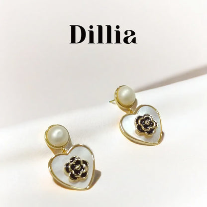 Elegant Pearl Rose Detail Heart Drop Earrings