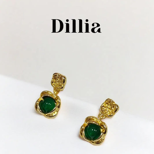 Green Glaze Stone Rosebud Gold-Plated Earrings