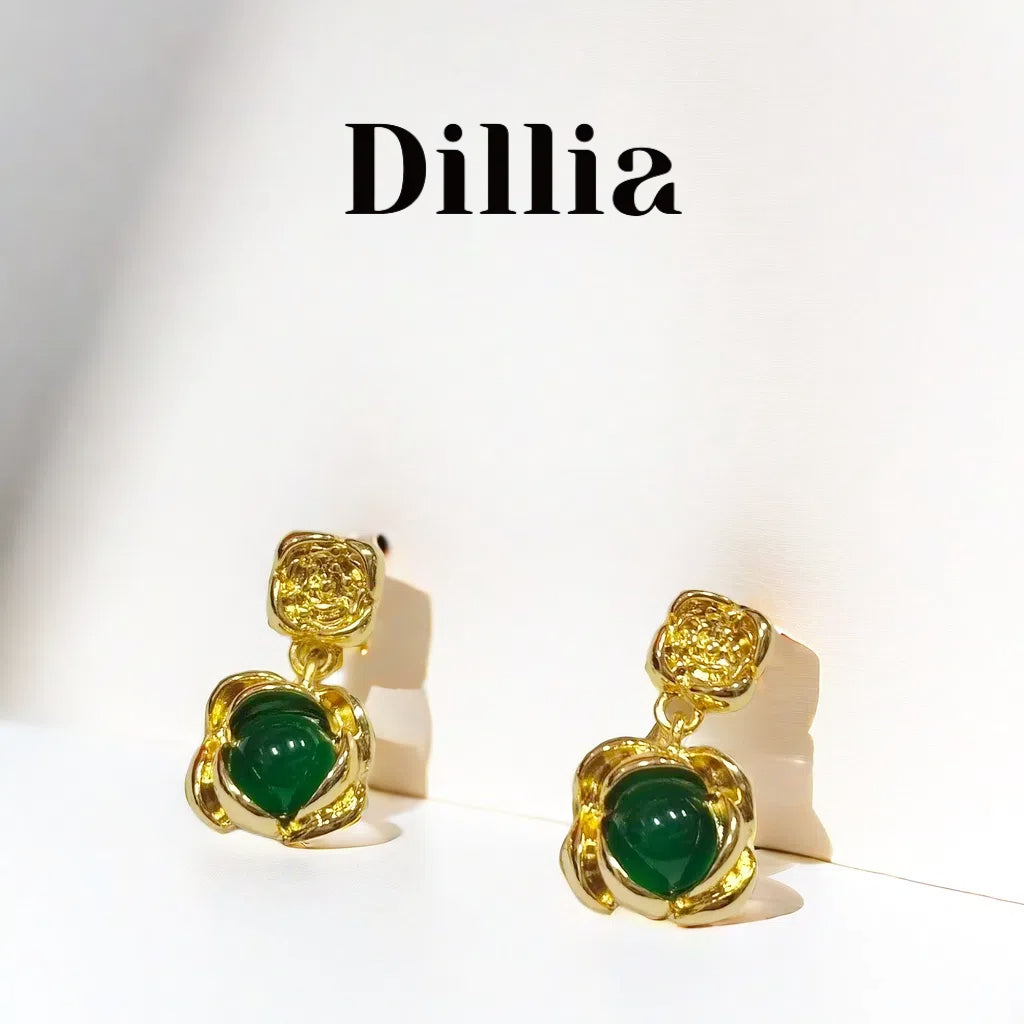Green Glaze Stone Rosebud Gold-Plated Earrings