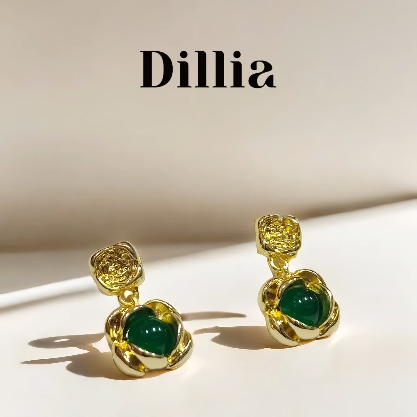 Green Glaze Stone Rosebud Gold-Plated Earrings