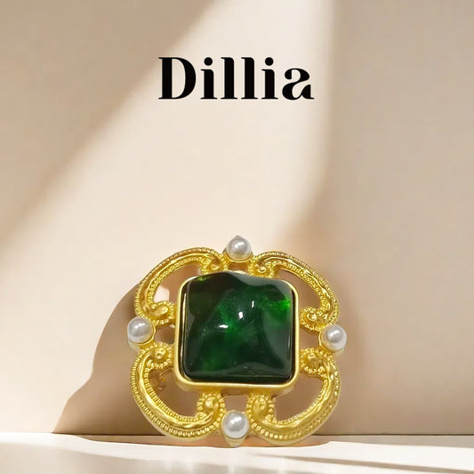 Vintage Green Glaze Stone Pearl Hollow Brooch