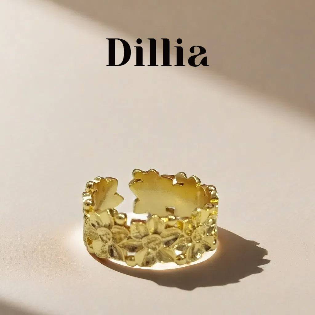 Gold Floral Embossed Adjustable Open Ring