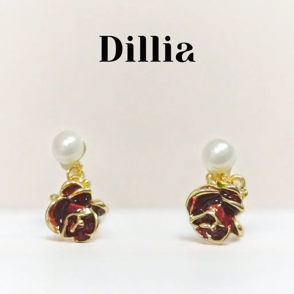 Vintage Pearl Enamel Rose Drop Earrings