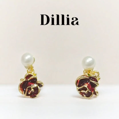 Vintage Pearl Enamel Rose Drop Earrings