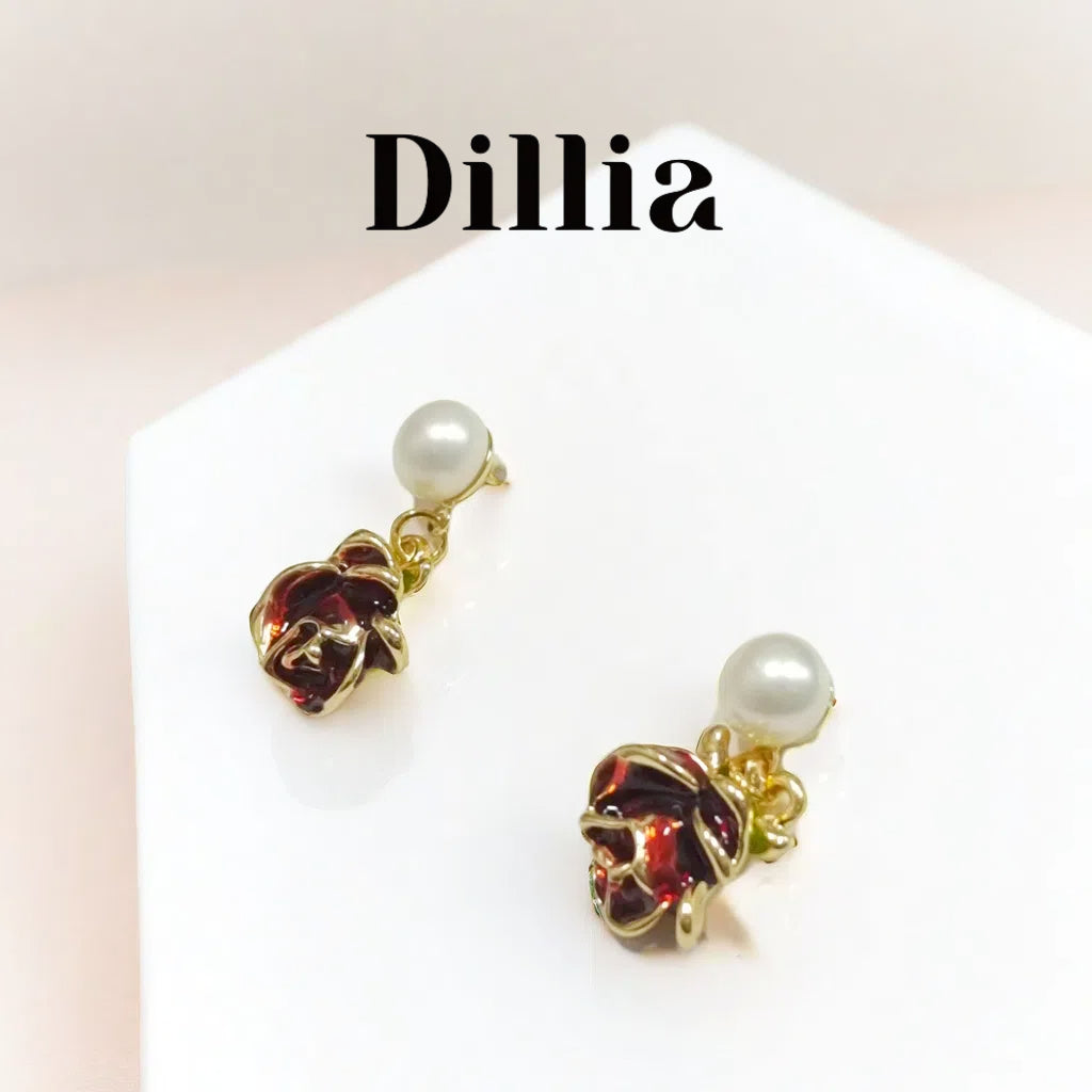 Vintage Pearl Enamel Rose Drop Earrings
