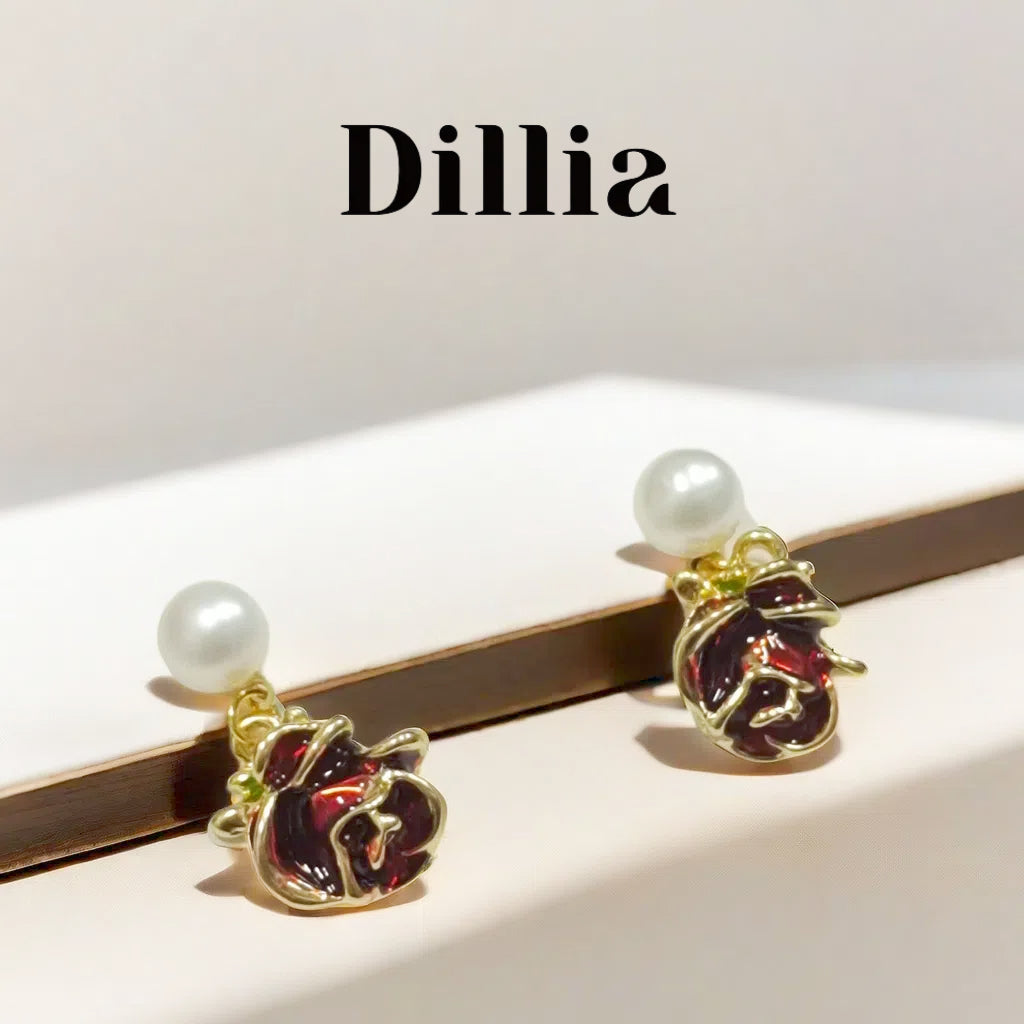 Vintage Pearl Enamel Rose Drop Earrings