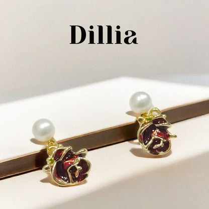 Vintage Pearl Enamel Rose Drop Earrings