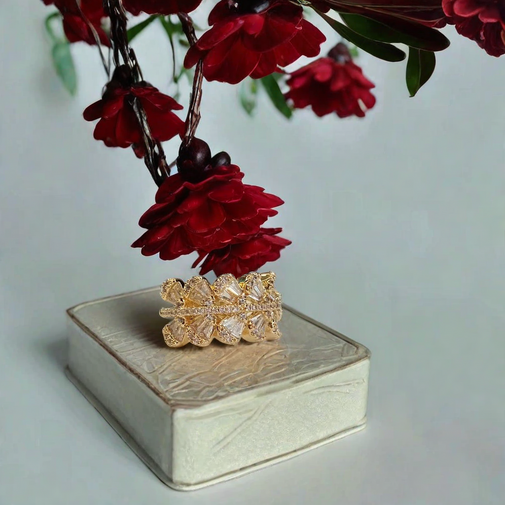 Leaf Zircon Adjustable Gold-Plated Ring