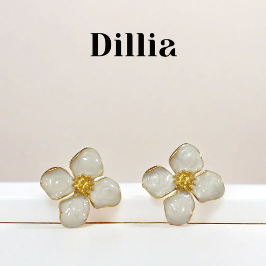 Elegant White Enamel Flower Earrings