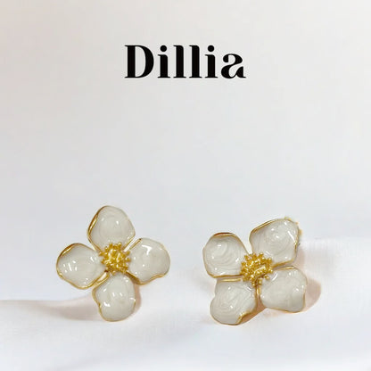 Elegant White Enamel Flower Earrings