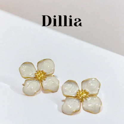Elegant White Enamel Flower Earrings