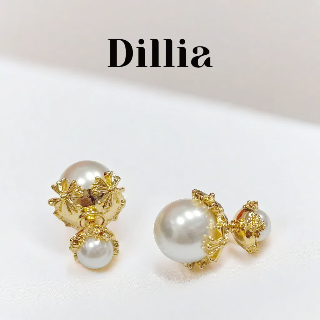 Double Pearl Golden Floral Stud Earrings