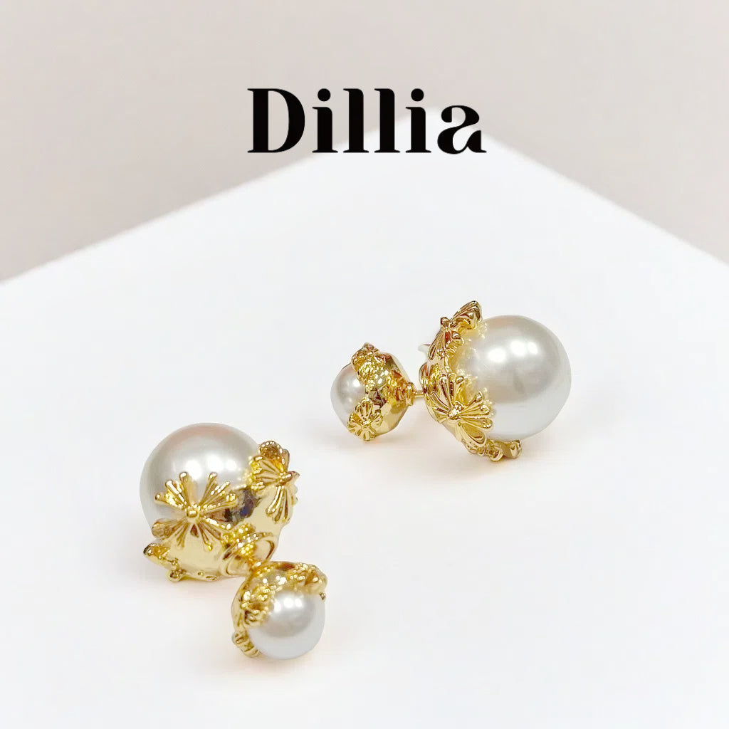 Double Pearl Golden Floral Stud Earrings