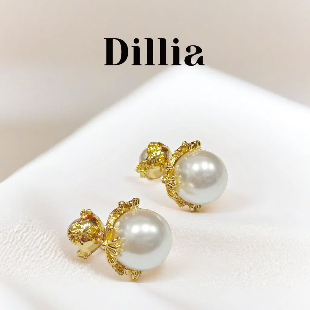 Double Pearl Golden Floral Stud Earrings