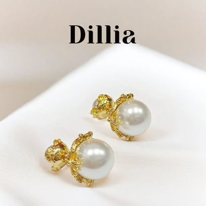 Double Pearl Golden Floral Stud Earrings