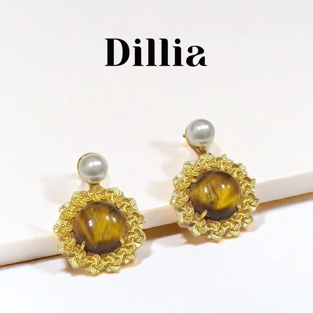 Vintage Golden and Tiger's Eye Pearl Drop Earrings