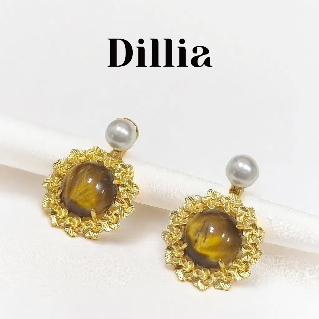 Vintage Golden and Tiger's Eye Pearl Drop Earrings