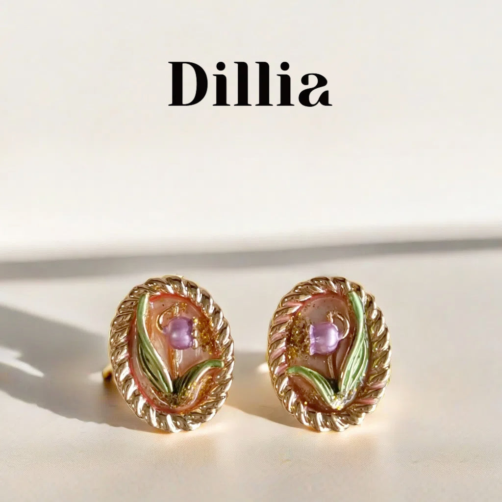 Vintage Floral Enamel Oval Earrings