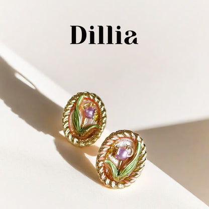 Vintage Floral Enamel Oval Earrings