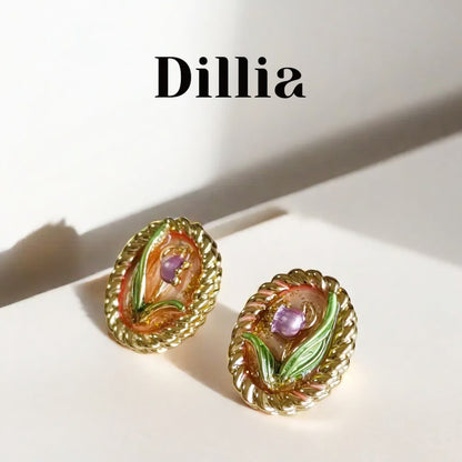 Vintage Floral Enamel Oval Earrings