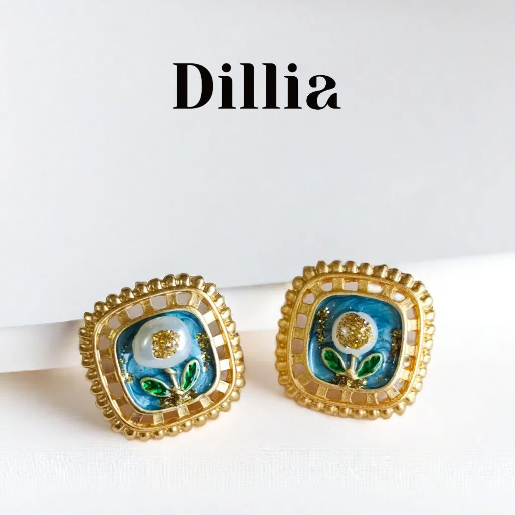 Enamel Flower and Golden Square Earrings