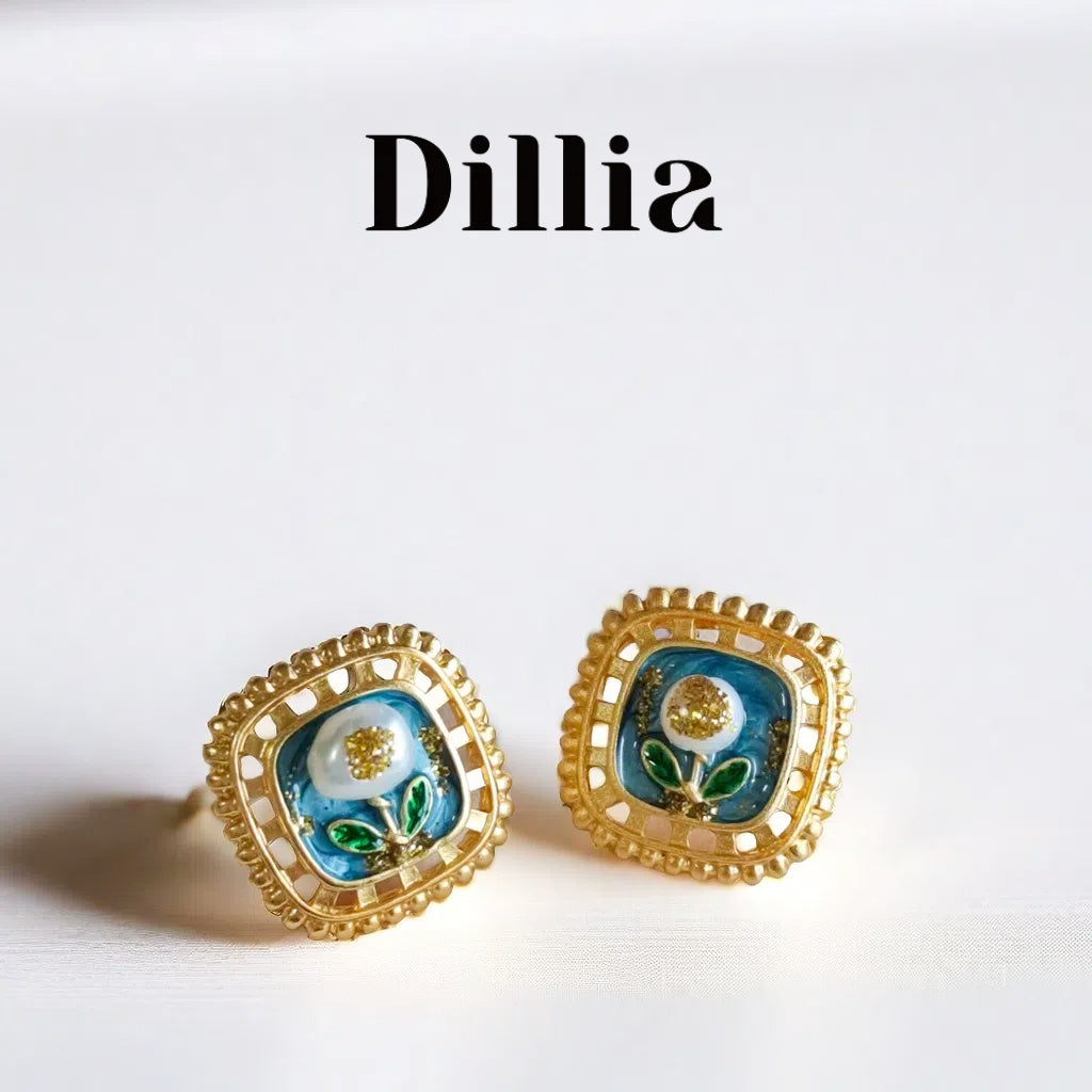 Enamel Flower and Golden Square Earrings