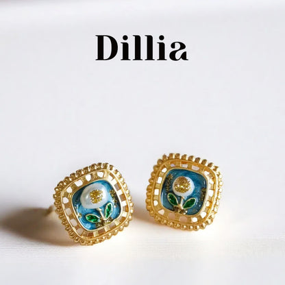 Enamel Flower and Golden Square Earrings