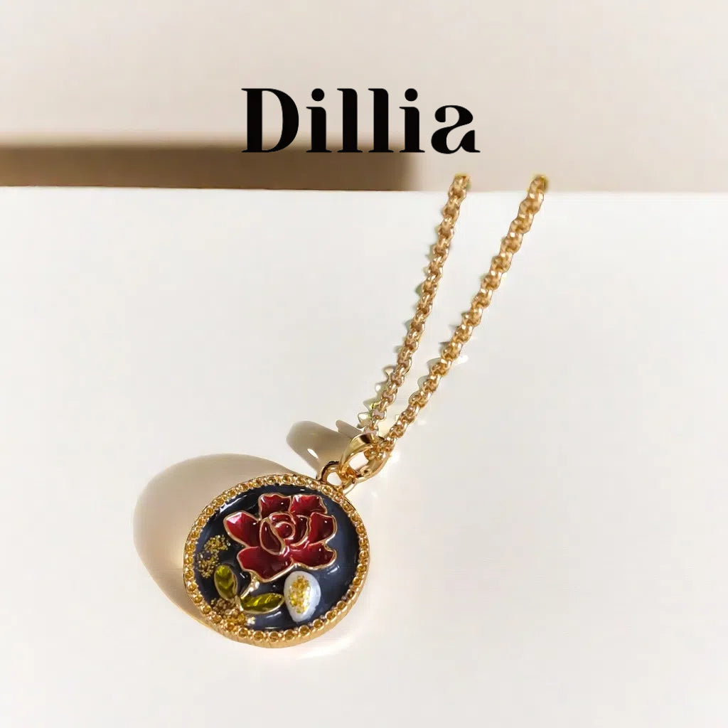 Elegant Rose Enamel Pendant Necklace