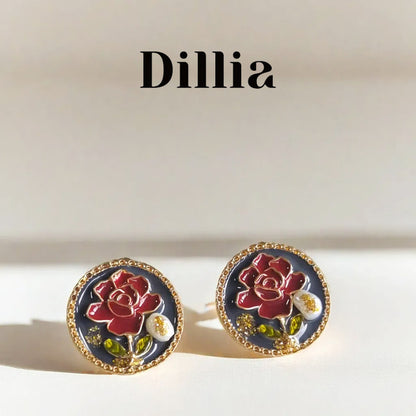 Golden Trim Floral Enamel Stud Earrings