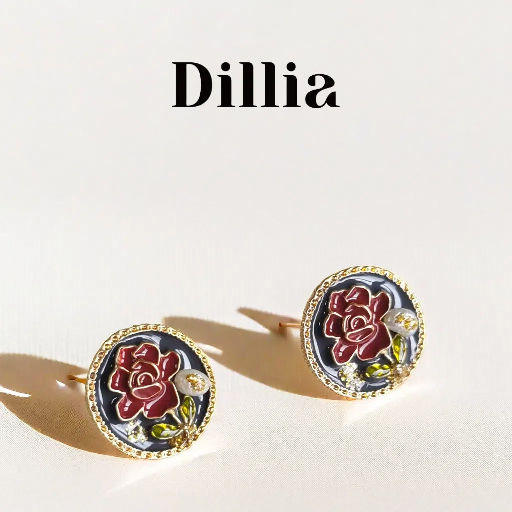 Golden Trim Floral Enamel Stud Earrings