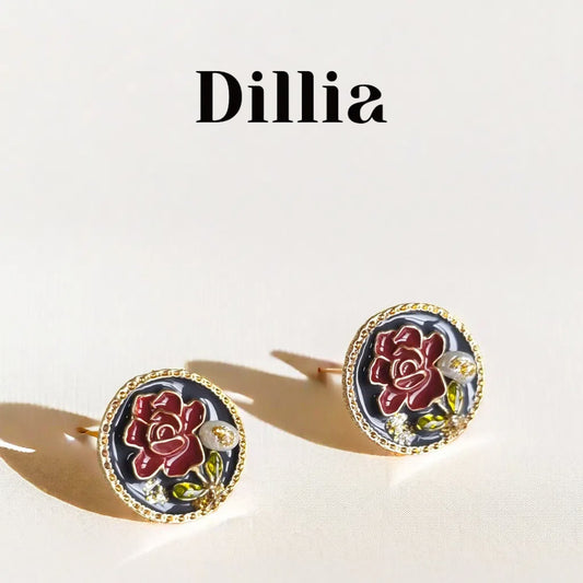 Golden Trim Floral Enamel Stud Earrings