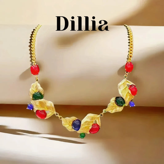 Vibrant Glaze Stone Leaf Gold-Plated Necklace