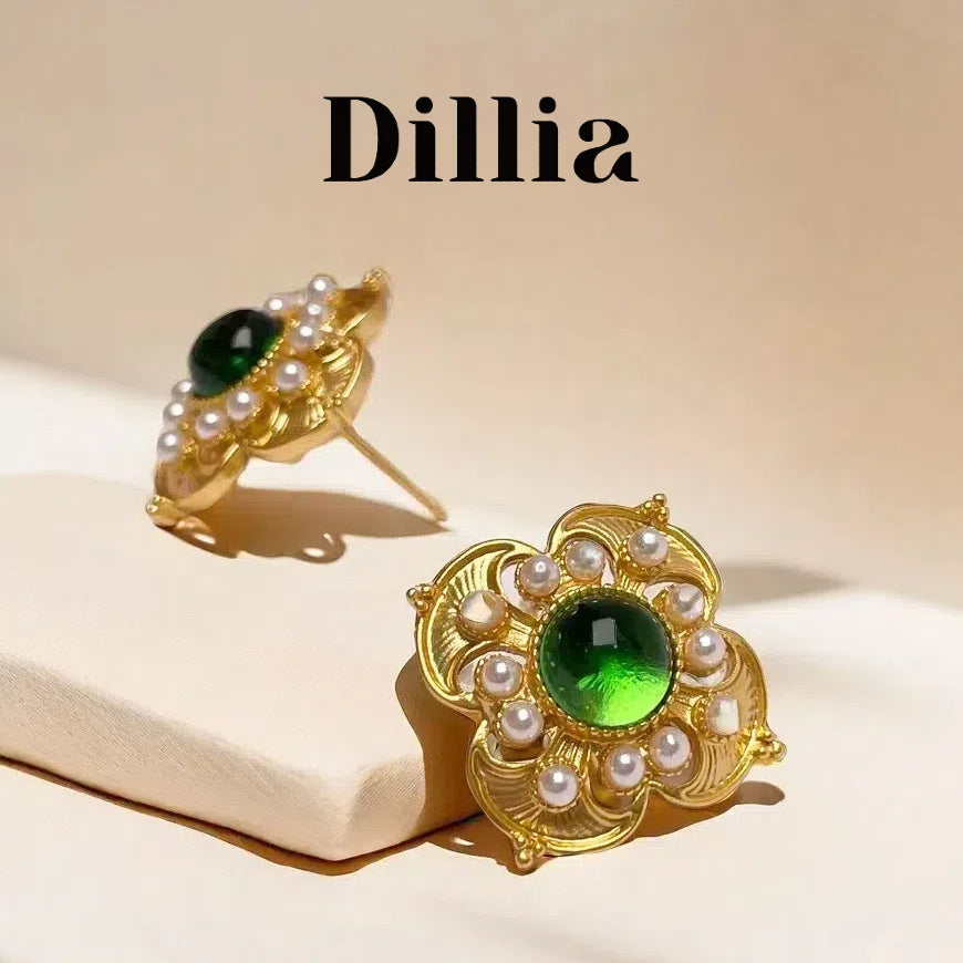 Green Glaze Stone Pearl Floral Gold-Plated Stud Earrings