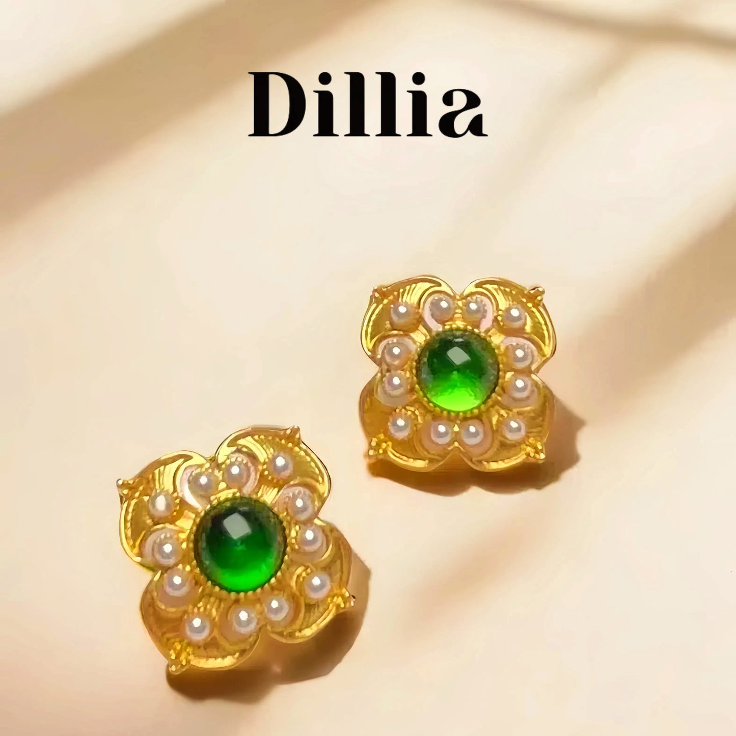 Green Glaze Stone Pearl Floral Gold-Plated Stud Earrings