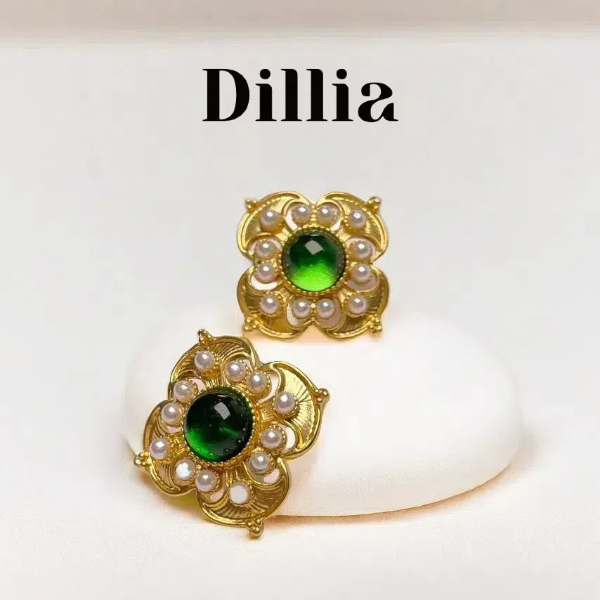 Green Glaze Stone Pearl Floral Gold-Plated Stud Earrings