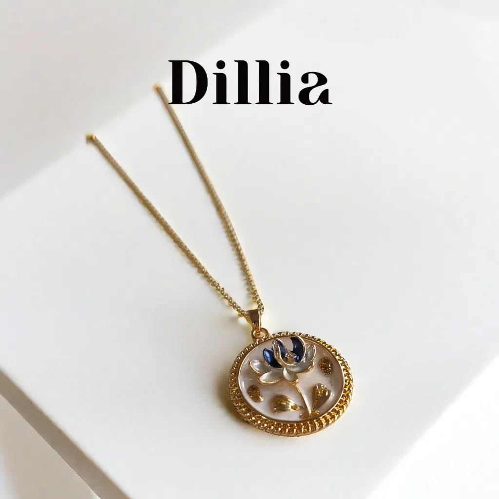 [Impressionist] Blue Enamel Lotus Blossom Pendant Necklace