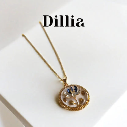 [Impressionist] Blue Enamel Lotus Blossom Pendant Necklace