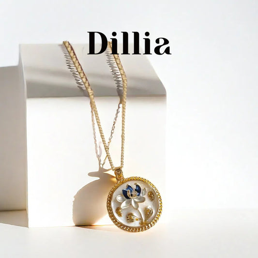 [Impressionist] Blue Enamel Lotus Blossom Pendant Necklace
