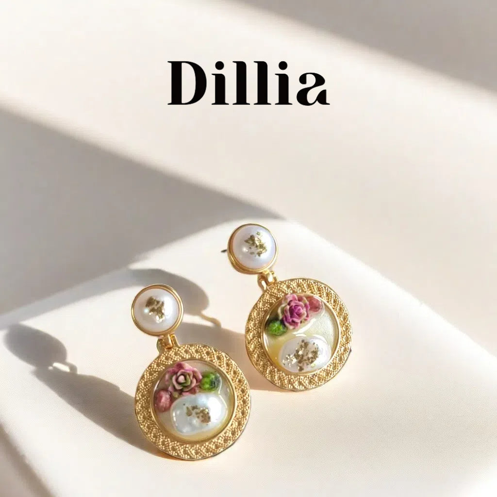2 Flower Pearl Enamel Pendant Gold Earrings
