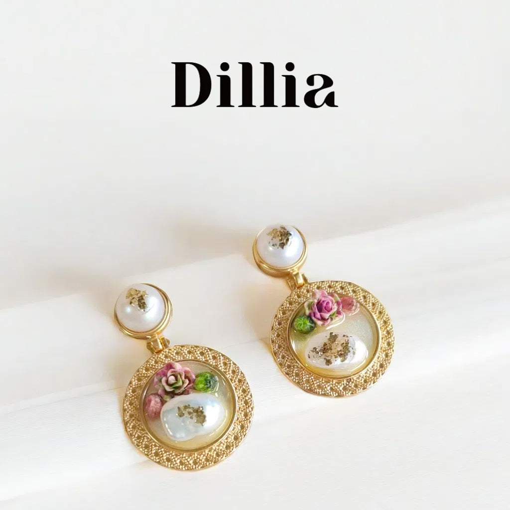 2 Flower Pearl Enamel Pendant Gold Earrings